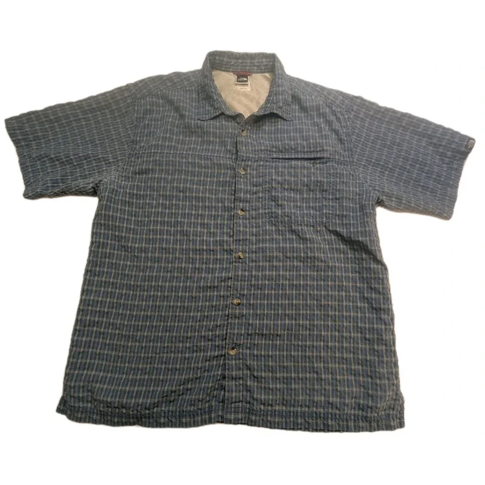 The North Face Mens Large Blue Plaid Short Sleeve Vented Hiking Fishing Shirt
